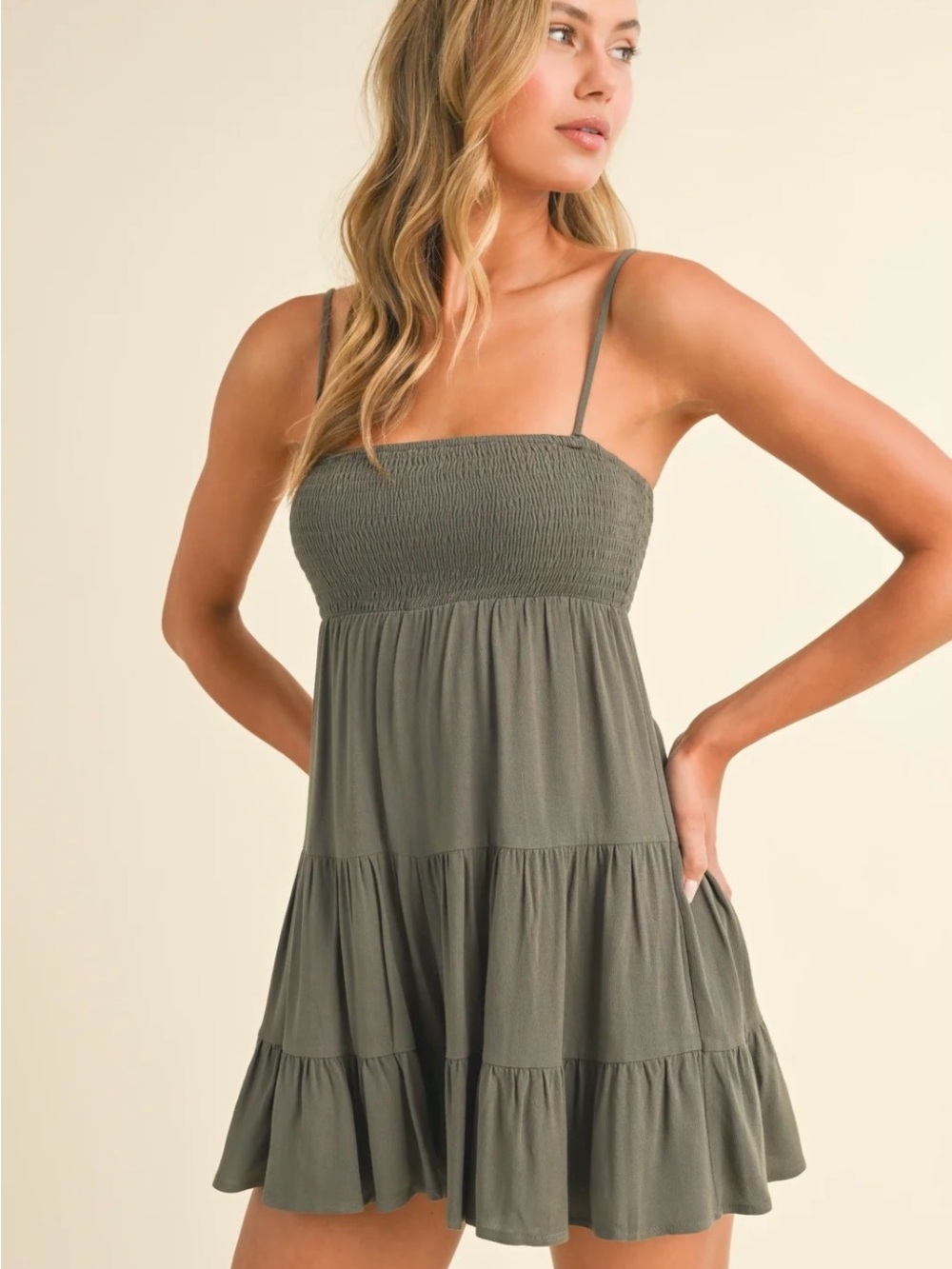 Smocked Tiered Spaghetti Strap Romper Dress - Olive